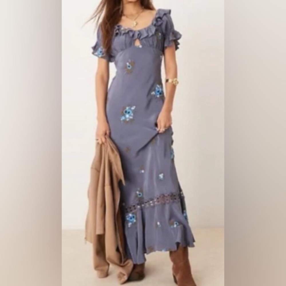 Free People Slate Blue Embroidered Floral Maxi Dress/Short Puff Sleeves - SizeS